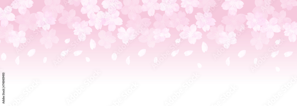 水彩画。水彩タッチの綺麗な桜の花びら背景。桜の舞う和風背景。Watercolor painting. Beautiful cherry petal background with watercolor touch. Japanese style background with dancing cherry blossoms.