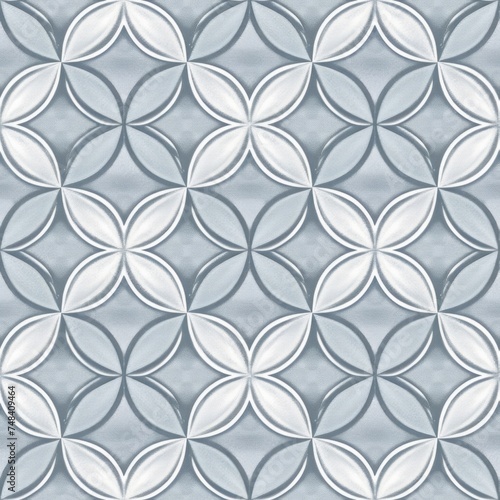 Seamless geometric pattern with silver and gray overlapping circles creating an elegant floral design. Concept of abstract art, modern design, and geometric patterns. 