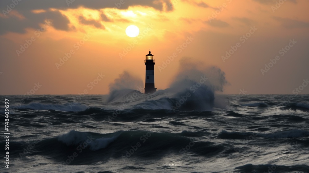 Majestic Sunset Over Ocean Waves with Silhouette of Lighthouse Standing Resilient