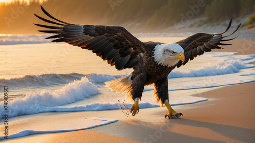 Basking in the warm glow of the setting sun a bald eagle makes its way to a sandy beach and leaving a trail of soft footprints in the sand, a symbol of nature's beauty and power.
