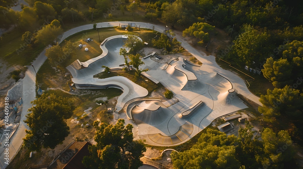 Aerial view of new skateboard park at Hidrobaza near Pula Croatia : Generative AI