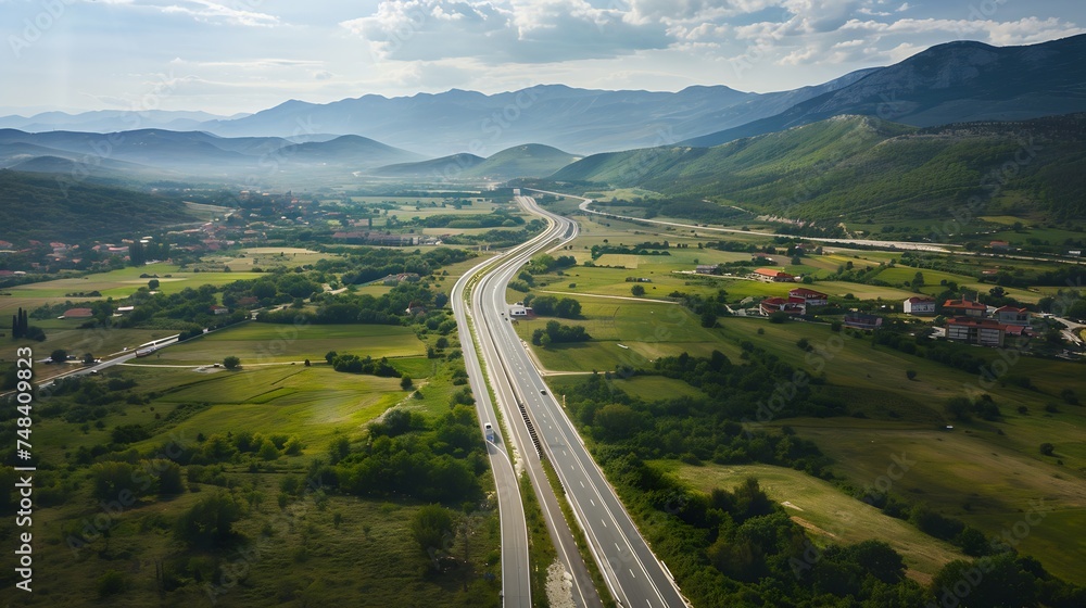 Aerial view of a road crossing the countryside near Zenica Bosnia and Herzegovina : Generative AI