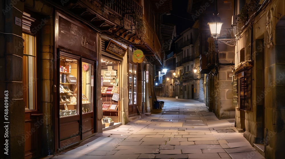Naklejka premium Typical small street view with shops at night in Pamplona Spain : Generative AI