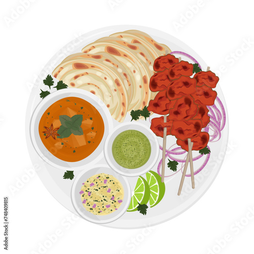Vector illustration logo Top View Paratha with Indian chicken tikka kebab or chicken tandoori