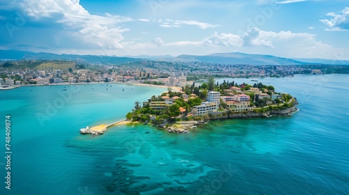 Aerial view of Ksamil Islands along the coastline in Saranda Vlore Albania : Generative AI