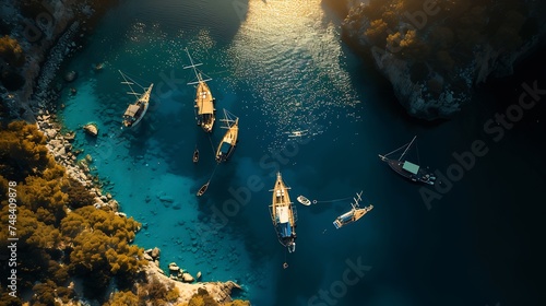 Aerial view of anchored sailboats on blue cruise in Oludeniz Turkey : Generative AI