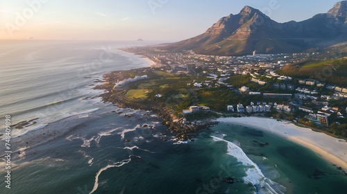 Aerial view of Camps Bay beach and Lions Head Mountain during the day Cape Town South Africa : Generative AI photo