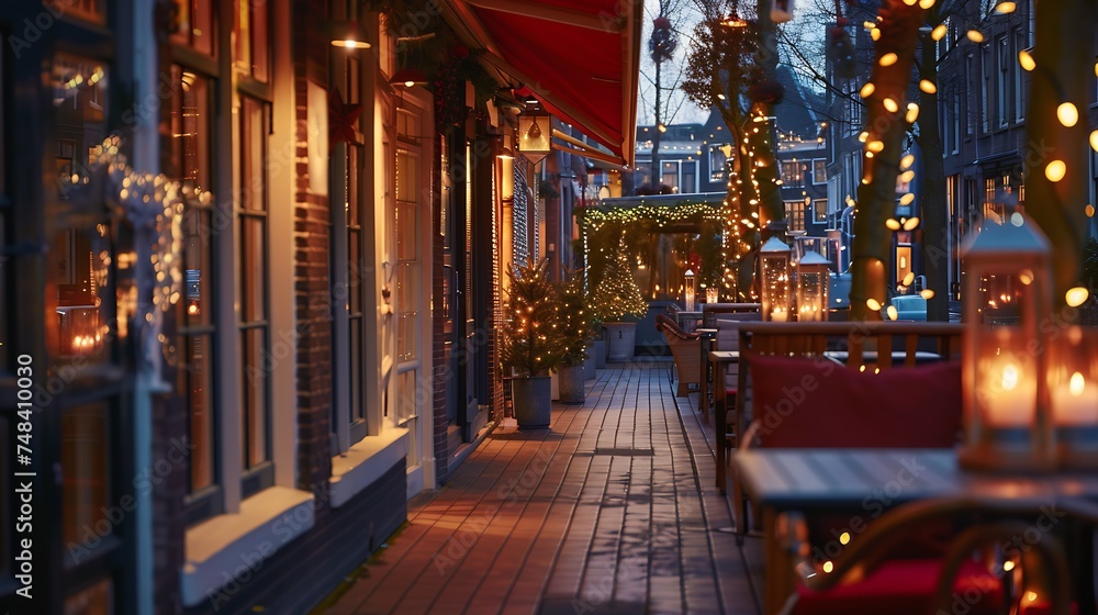 illuminated terrace around christmas time in amsterdam netherlands : Generative AI