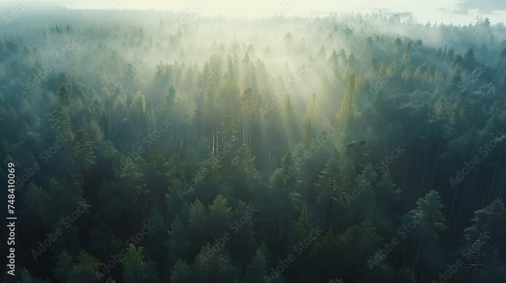 Aerial view of a nordic pines forest in Estonia : Generative AI - obrazy, fototapety, plakaty 