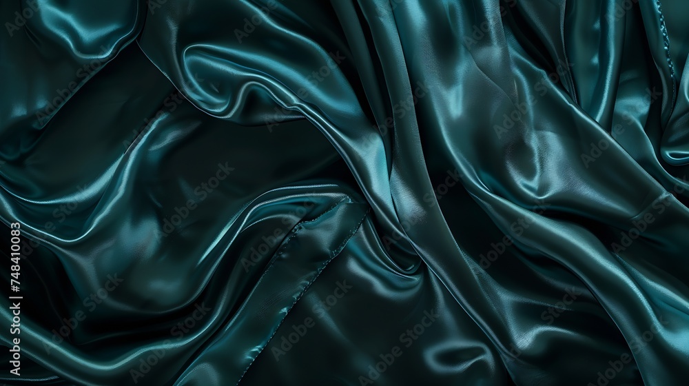 Obraz premium Dark teal green silk satin Shiny smooth fabric Soft folds Luxury background with space for design Banner Wide Long Flat lay top view table Birthday Christmas Valentine New year Panoram : Generative AI