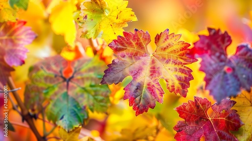 Beautiful colorful red green and yellow leaves of a wild grapes on a background of autumn nature closeup   Generative AI