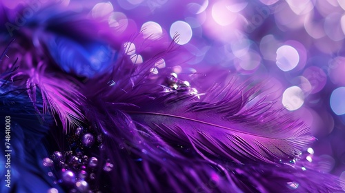 Beautiful abstract celebratory background template for Christmas party festival Blue purple feather macro with sparkles tinsel stars beads Colorful elegant sophisticated artistic image : Generative AI