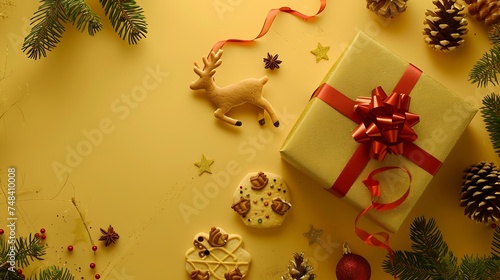 Christmas light gold background with beautiful Golden gift box with red ribbon fir branches cones Christmas cookies top view toy deer copy space : Generative AI