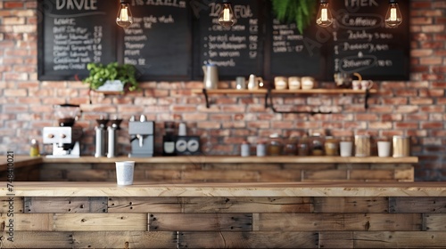 3d render of cafe bar restaurant nobody indoor Empty coffee shop interior daytime with wooden design counter red brick wall in background menu writing on blackboard with beautiful lett : Generative AI