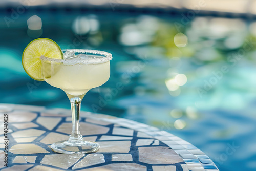 Classic margarita cocktail by the pool, copy space photo