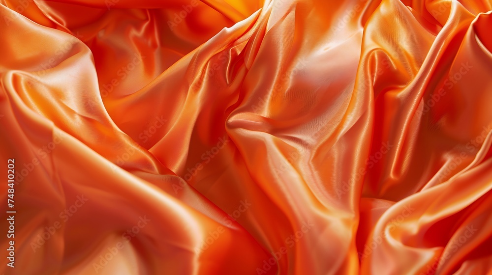 Obraz premium Orange silk satin curtain Bright luxury background for design Soft folds Shiny golden draped fabric Wavy lines Flowing Fluid liquid ripple effect Valentine Mothers day festive Fiery : Generative AI