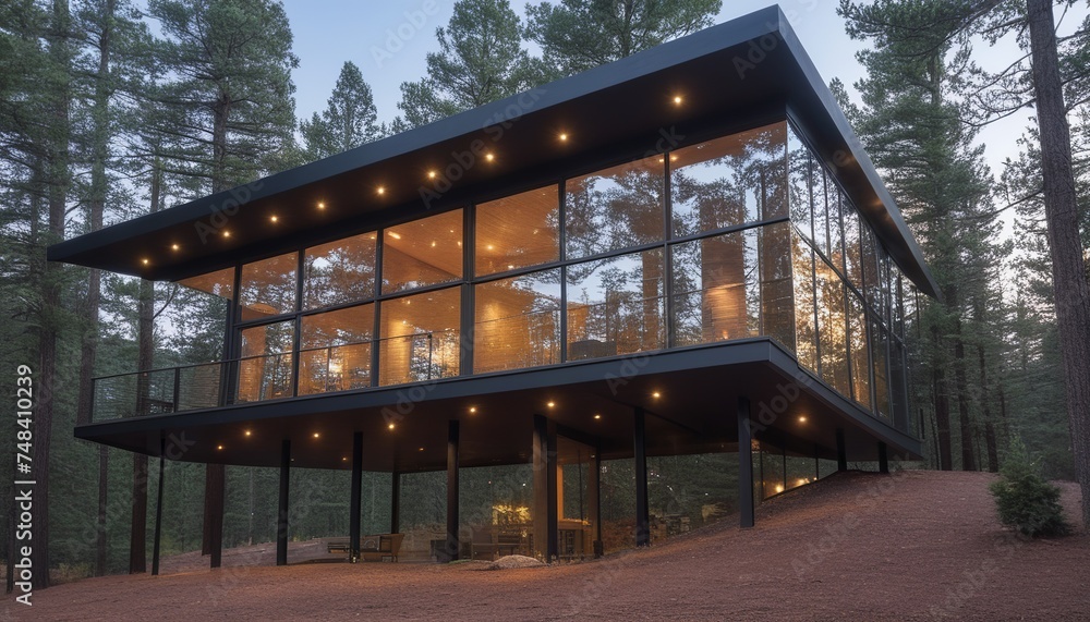 Glossy Reflection of a Modern Cabin Structure House