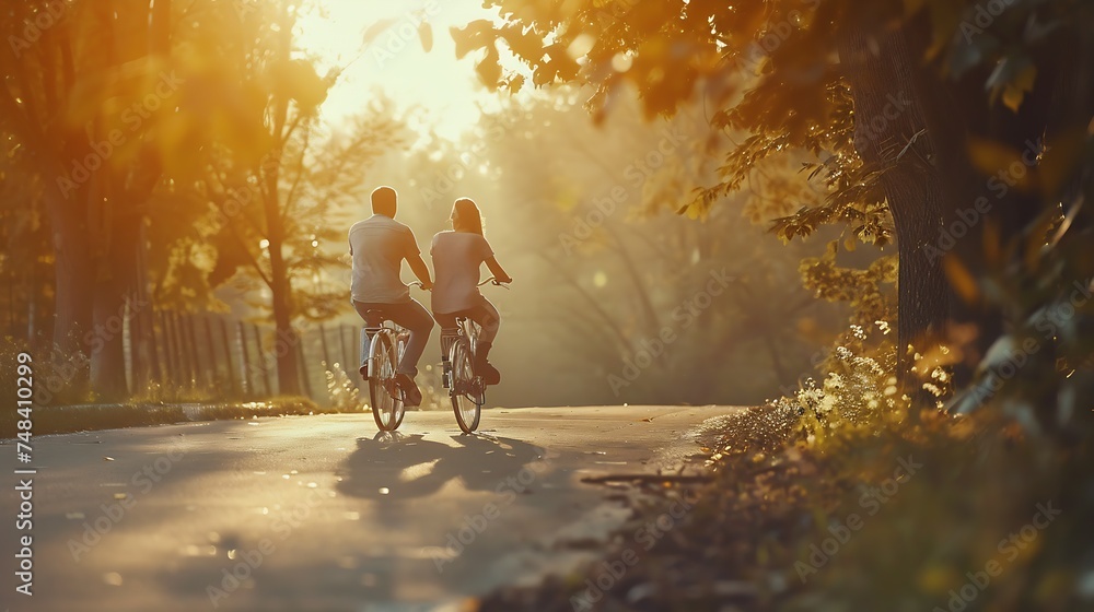 Couple of romantic lovers cycling caucasian people people love nature and lifestyle concept : Generative AI