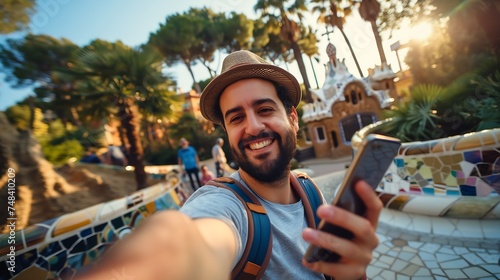 Happy tourist take selfie selfportrait with smartphone in Park Guell Barcelona Spain Smiling man on vacation looking at camera Holidays and travel concept : Generative AI