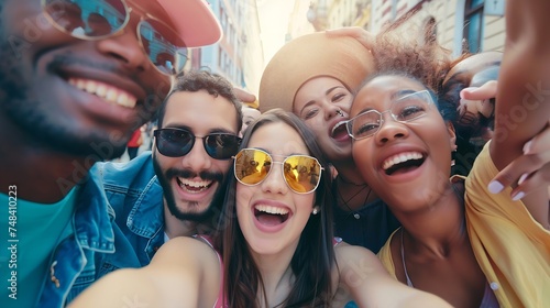 Multicultural happy friends having fun taking group selfie portrait on city street Multiracial young people celebrating laughing together outdoors Happy lifestyle concept   Generative AI