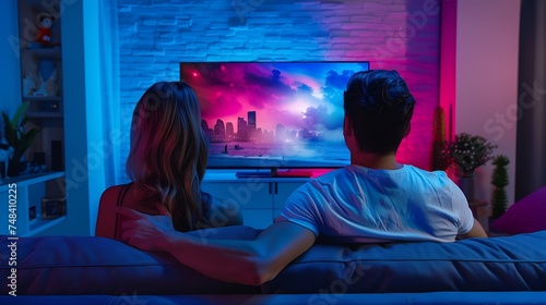 Amazed couple watching tv program sitting on a couch at home : Generative AI