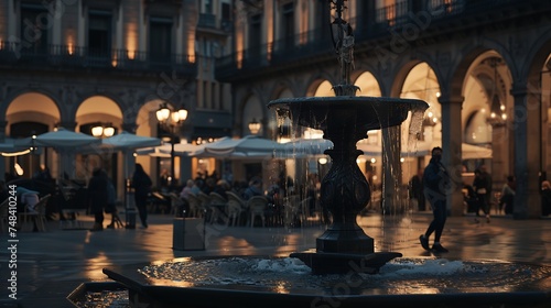 View of Placa Reial with fountain and restaurants in evening Barcelona Catalonia : Generative AI