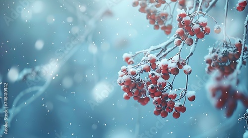 Branch with bunches of rowan berries under snow in the winter snowfall in the city First snow blue background snow flakes falling : Generative AI