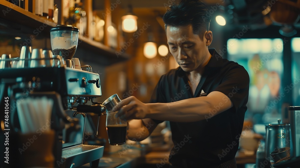 asian man bartender mixing and pouring coffee into cup from coffee machine at counter in small coffee shop business stratup concept cinema film tone process : Generative AI