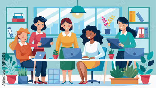 A group of women work in the office. Team of entrepreneurs. Working women.