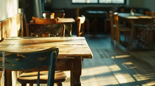 empty wooden table and chairs in cafe restaurant : Generative AI