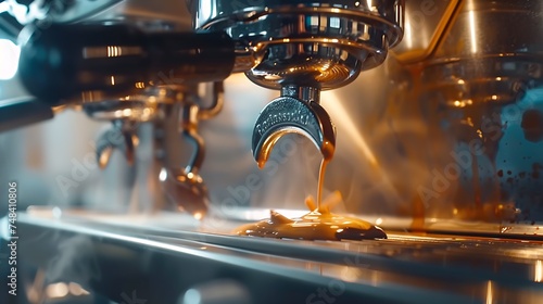 Coffee machine and men Extraction of freshly brewed espresso from a professional machine with bottomless filter in cafe shop barista making coffee with selective focus : Generative AI photo