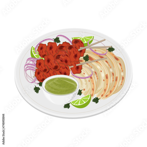 Vector illustration logo Paratha with Indian chicken tikka kebab or chicken tandoori