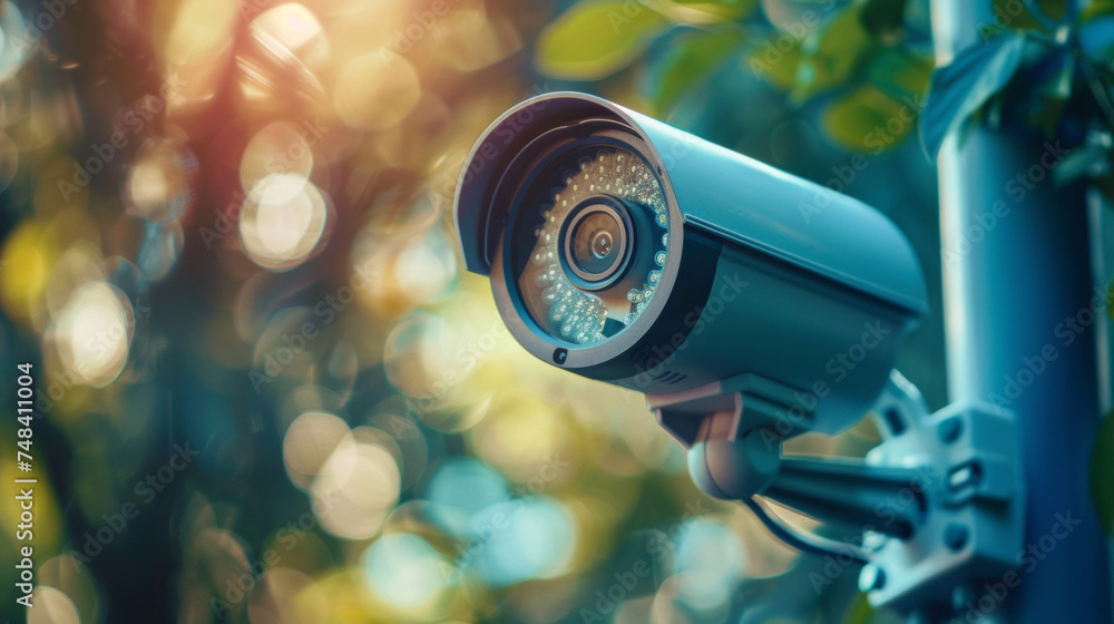 A shot of a security camera with a weatherproof casing able to withstand harsh outdoor elements. A shot of a security camera with a weatherproof casing able to withstand harsh outdoor elements.
