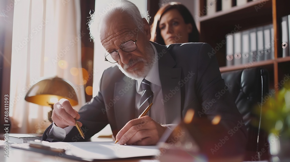 60s elderly spouses at lawyer office sitting at desk hoary husband holding pen family ready sign marriage contract make legal formalities at notary bequeath savings and property to chi : Generative AI - obrazy, fototapety, plakaty 