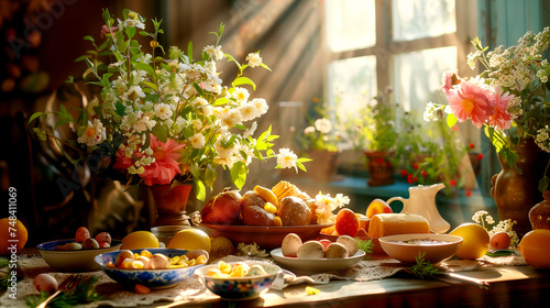 Table with Easter Food - Shining Morning Light and Flowers 
