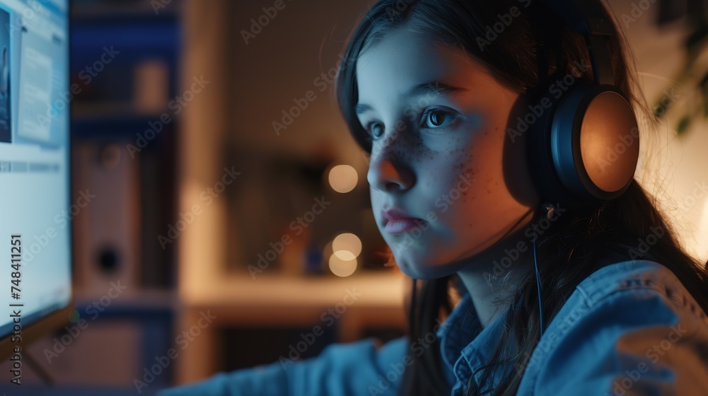 School teen girl student wears headphones distance learning with online teacher on computer screen Web tutor gives remote class teaching teenage pupil elearning from home Over shoulder : Generative AI School teen girl student wears headphones distance learning with online teacher on computer screen Web tutor gives remote class teaching teenage pupil elearning from home Over shoulder : Generative AI