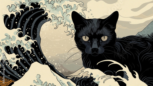 Black Cat. Surreal Illustration in Japanese Style