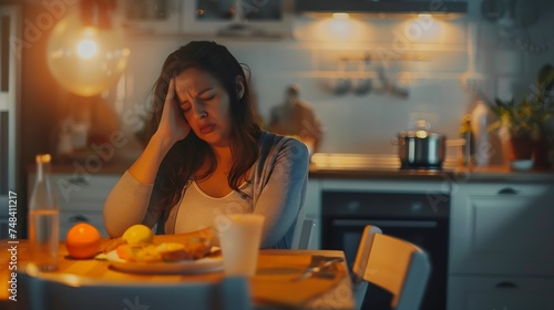 Young woman feeling nausea while seeing food at table in kitchen Toxicosis during pregnancy   Generative AI