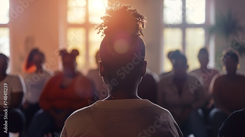 Rear back view female african ethnicity participant at group rehab session telling story share personal problem with associates or corporate staff gathered together listening business  : Generative AI photo