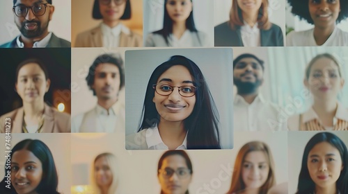 Webcam laptop screen view many faces of diverse people involved in group videoconference online meeting lead by indian businesswoman leader team using video call app work solve common : Generative AI