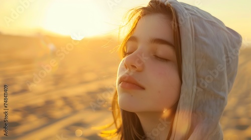 Portrait of a teenager girl wearing hood breathing deep fresh air on the beach at sunrise in a summer sunny day with a beautiful warm sky in the background : Generative AI © Generative AI