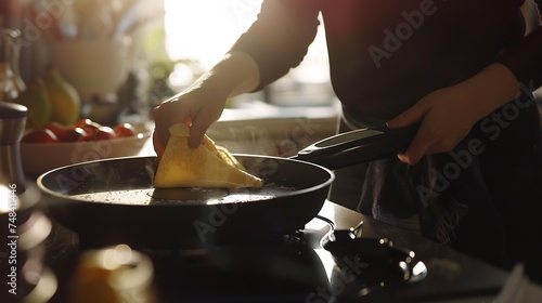 Woman cooking delicious crepe on electric pancake maker in kitchen closeup : Generative AI