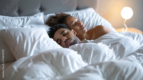 Happy couple sleeping in a comfortable bed at home : Generative AI