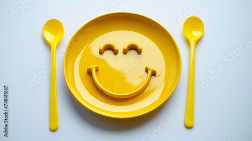 Creative beautiful artistic image smile Yellow plate and spoons in form of an emoticon isolated on white background Unusual amazing template for tasty and healthy food menu of restaura : Generative AI