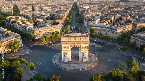 Panoramic aerial view of Arch of Triumph Paris Champs Elyses France : Generative AI
