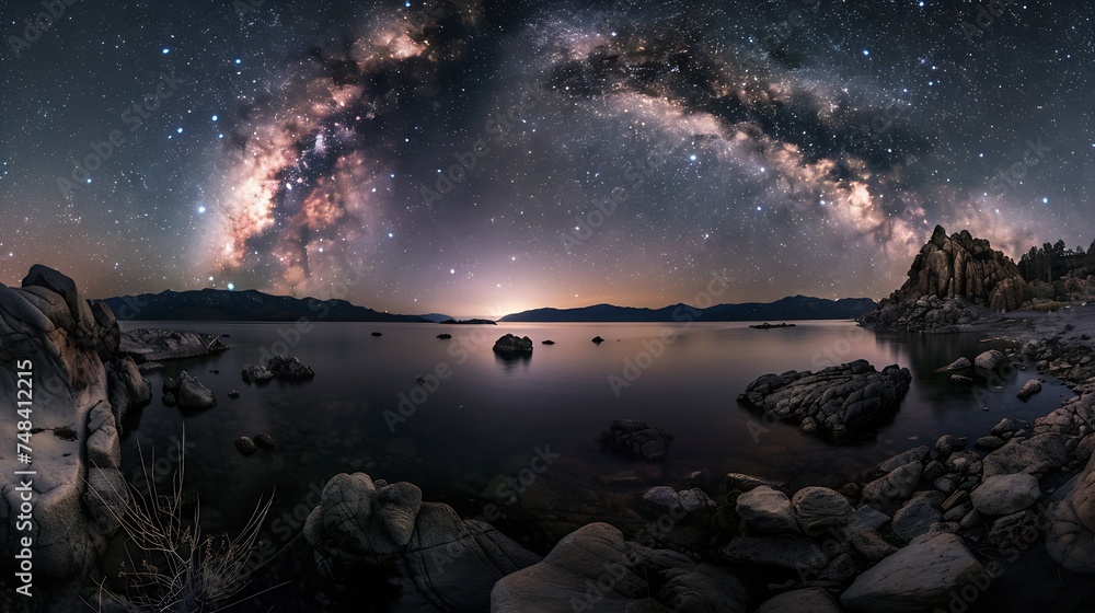 Photographer takes a good shot on the The Milky Way and the stars in the beautiful night sky Long exposure photograph : Generative AI