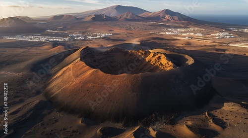 Aerial view of Calderon Hondo crater a volcano in Timanfaya National Park with a small town in background Fuerteventura Island Canary Islands Spain : Generative AI