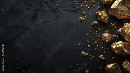 Gold nuggets and ingots on black table flat lay Space for text : Generative AI