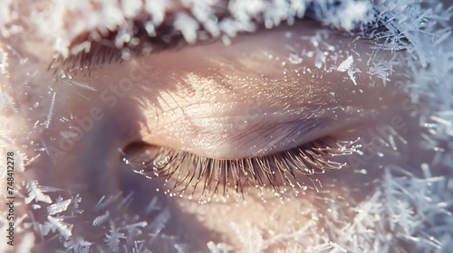Closed eyes with frost or snow on eyelashes macro closeup in winter on a beige background Gentle romantic dreamy artistic image : Generative AI