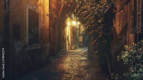 Night cozy old street in Trastevere in Rome Italy Trastevere is rione of Rome on west bank of Tiber in Rome Architecture and landmark of Rome : Generative AI